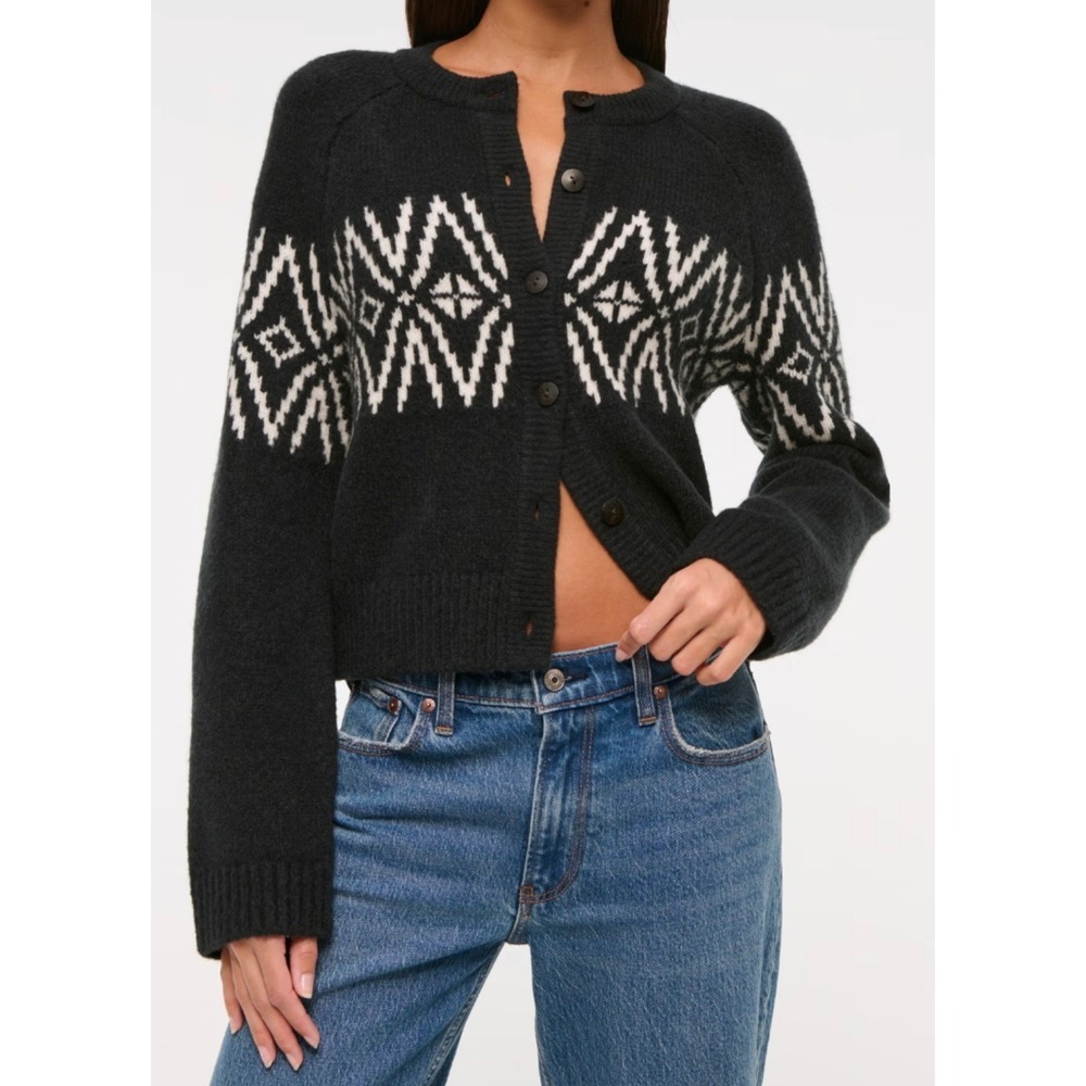 Abercrombie & Fitch Dark Gray White Fair Isle Geometric Button Cardigan Small